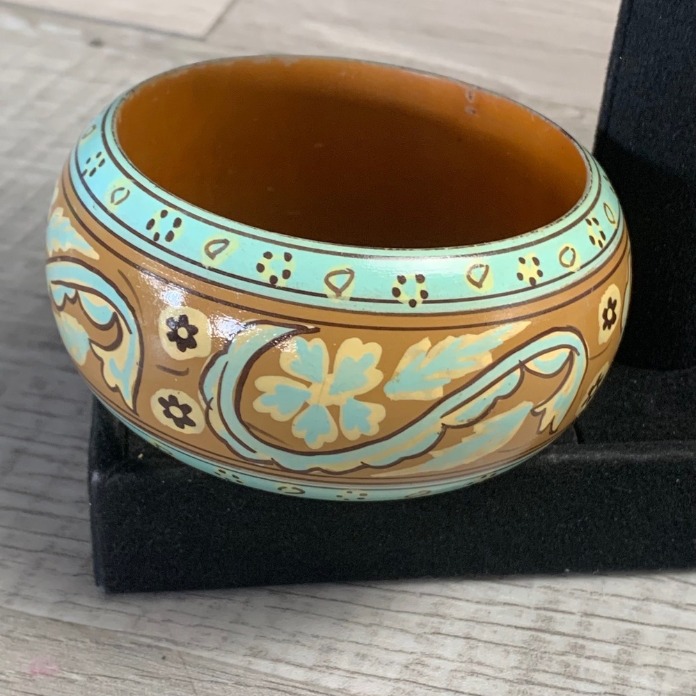 Hand Painted Wooden Bangle Bracelet Boho Floral Paisley Turquoise Brown 7.5in